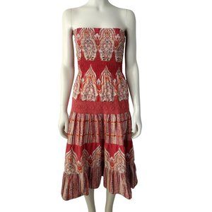 Vintage 1990s Orange Cotton Pullover Strapless Shirred Midi Tube Dress Size S